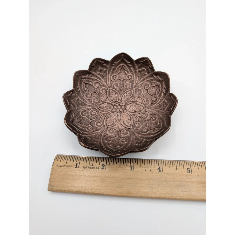 Lotus Flower Metal Trinket Dish Bronze Tone Embossed Jewelry Ring Catchall Bowl